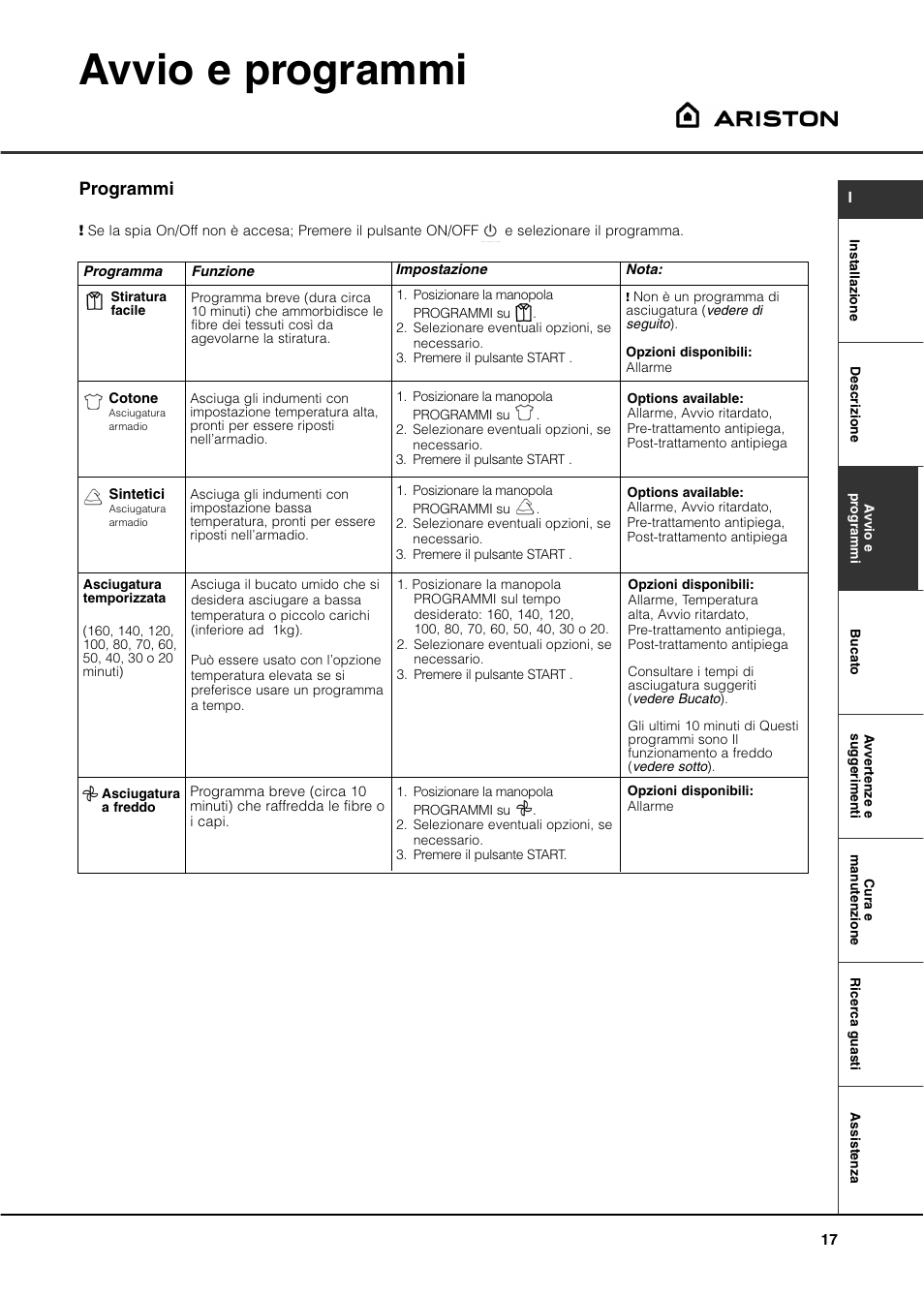 Avvio e programmi, Programmi | Ariston ASL70C User Manual | Page 17 / 84