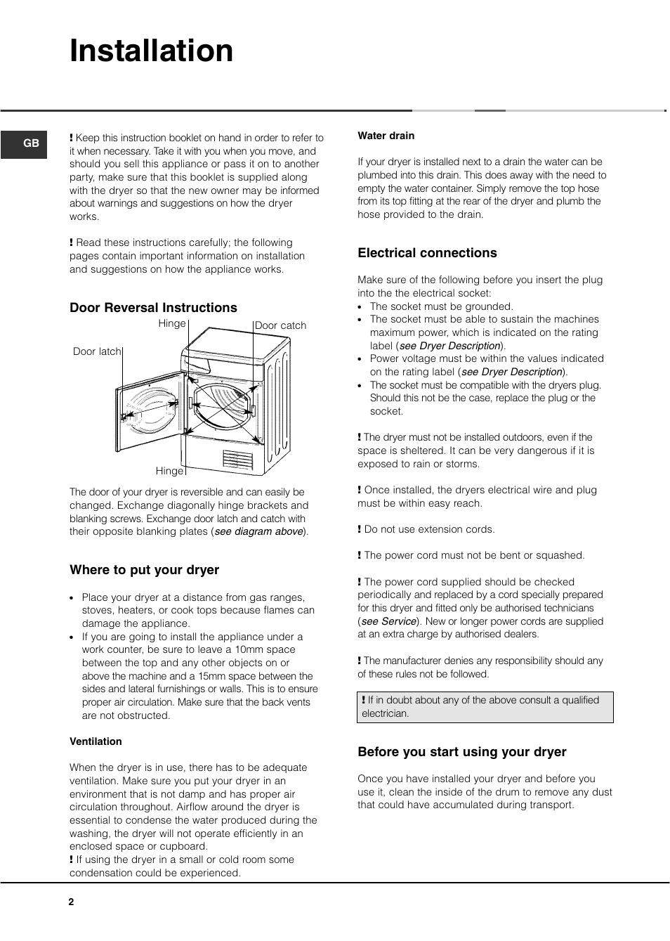 Installation, Door reversal instructions, Where to put your dryer | Electrical connections, Before you start using your dryer | Ariston ASL70C User Manual | Page 2 / 84