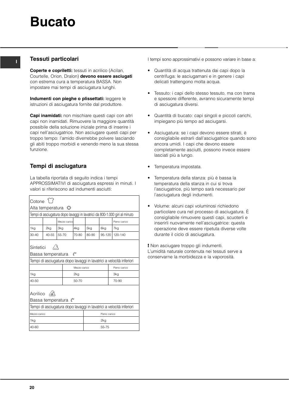 Bucato, Tessuti particolari, Tempi di asciugatura | Ariston ASL70C User Manual | Page 20 / 84