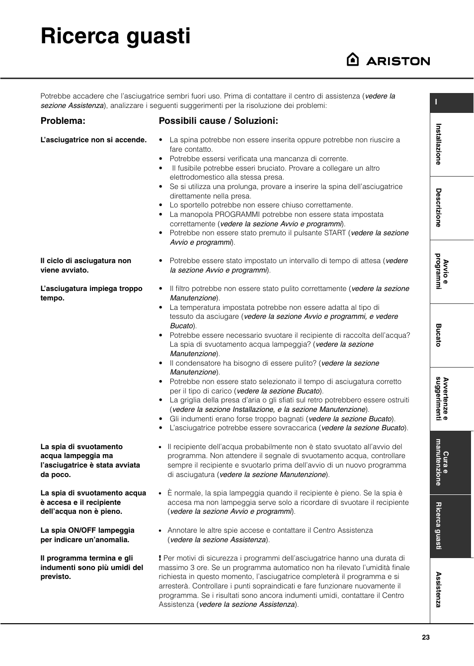 Ricerca guasti, Problema, Possibili cause / soluzioni | Ariston ASL70C User Manual | Page 23 / 84