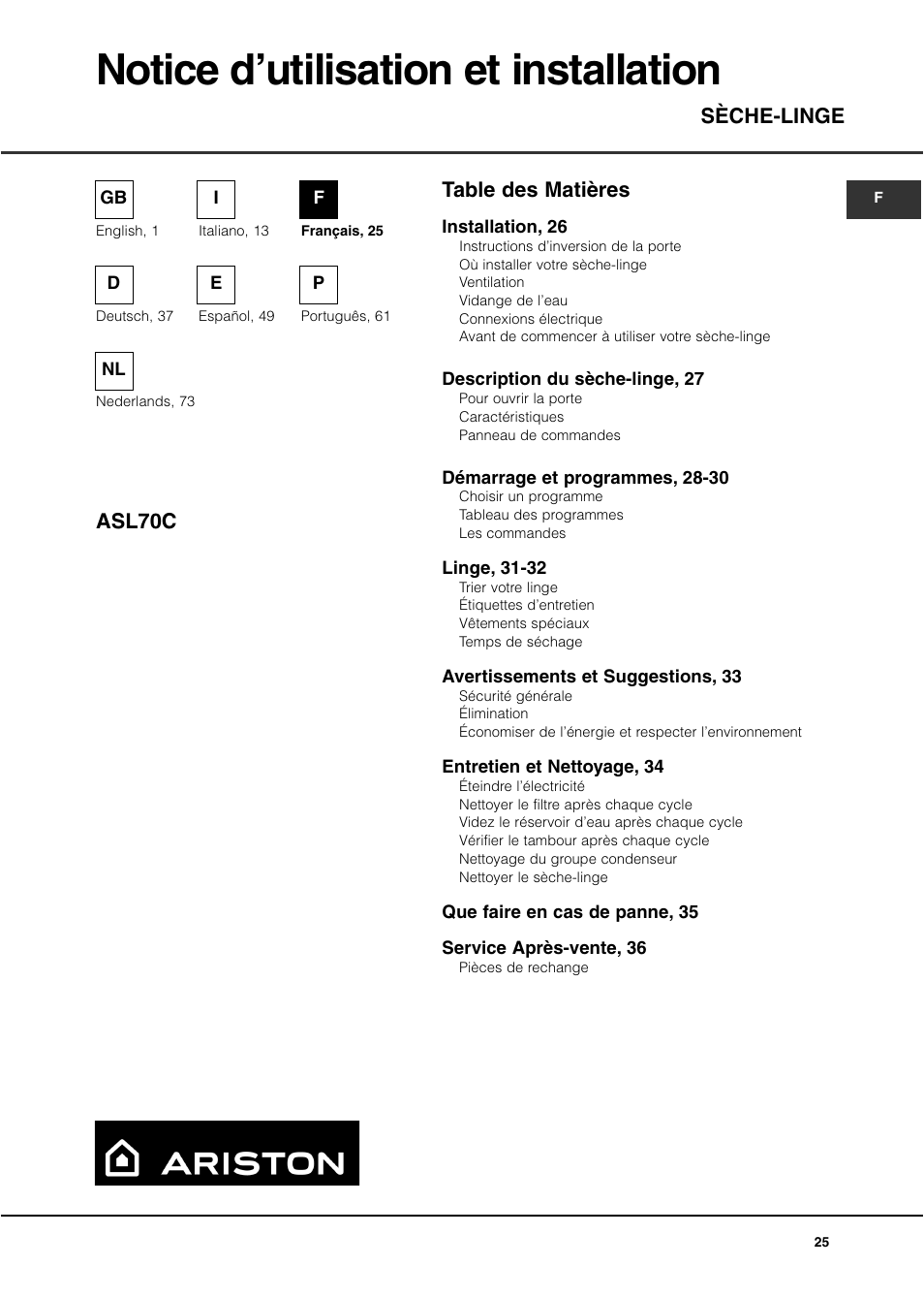 Ariston ASL70C User Manual | Page 25 / 84