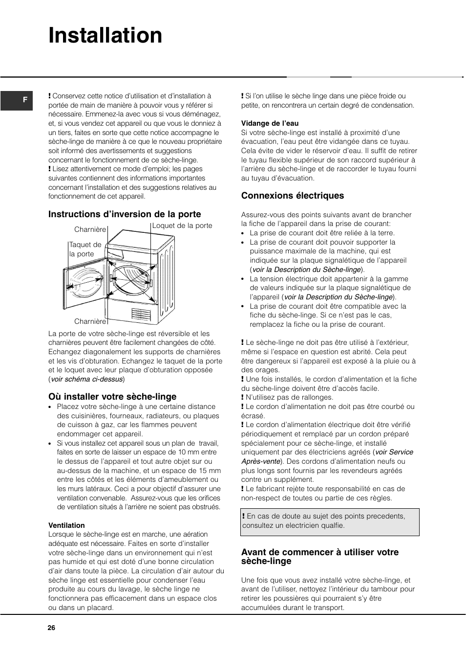 Installation, Instructions d’inversion de la porte, Où installer votre sèche-linge | Connexions électriques, Avant de commencer à utiliser votre sèche-linge | Ariston ASL70C User Manual | Page 26 / 84