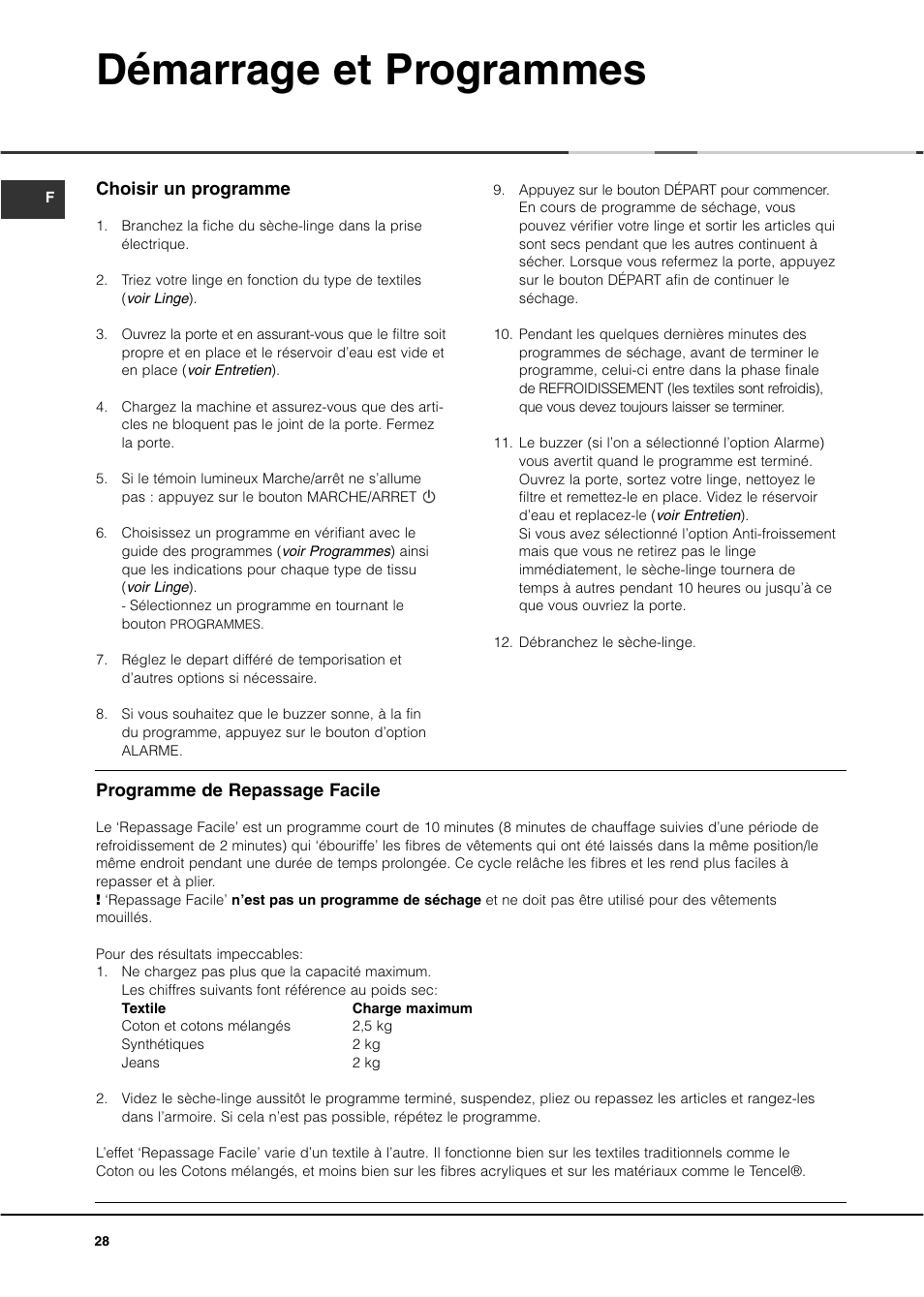 Démarrage et programmes | Ariston ASL70C User Manual | Page 28 / 84