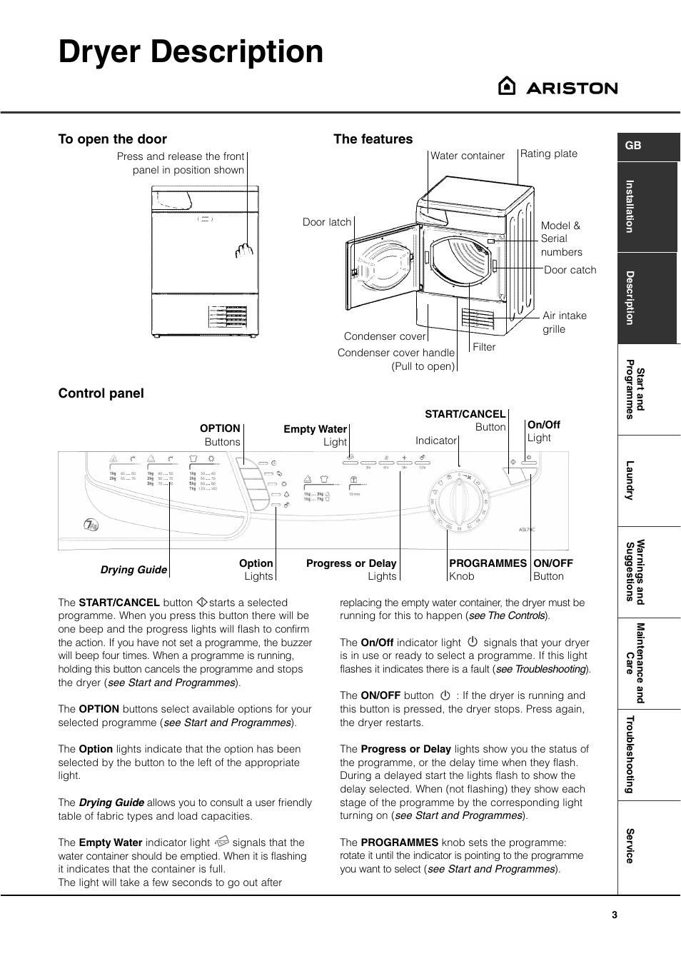 Dryer description, Control panel | Ariston ASL70C User Manual | Page 3 / 84