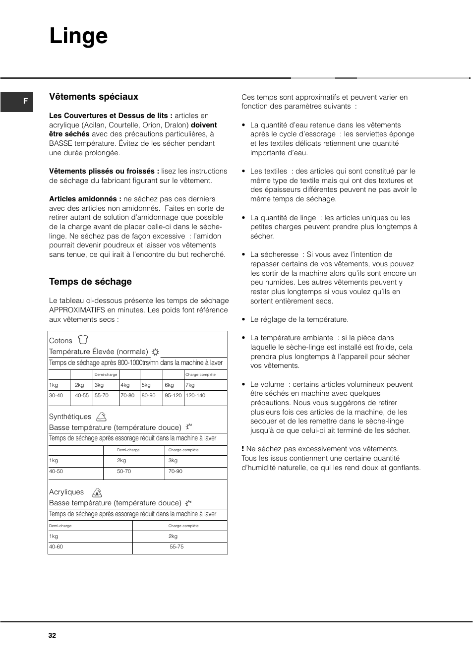 Linge, Vêtements spéciaux, Temps de séchage | Ariston ASL70C User Manual | Page 32 / 84