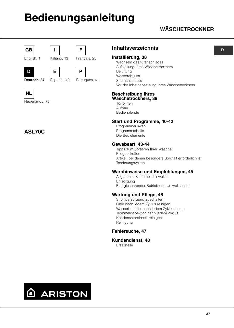 Bedienungsanleitung, Asl70c, Inhaltsverzeichnis wäschetrockner | Ariston ASL70C User Manual | Page 37 / 84