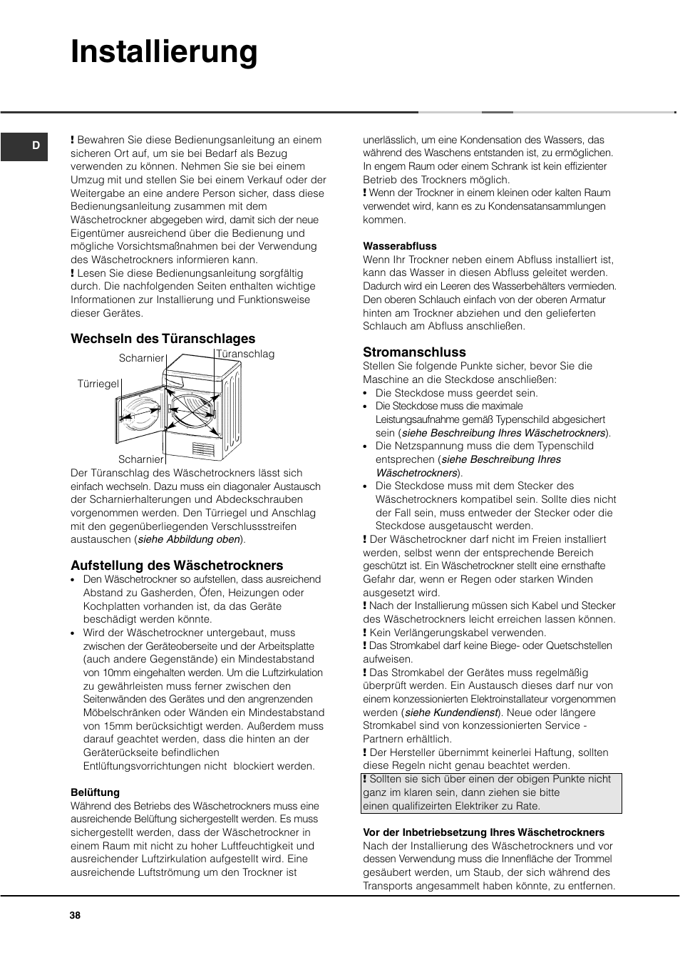 Installierung, Wechseln des türanschlages, Aufstellung des wäschetrockners | Stromanschluss | Ariston ASL70C User Manual | Page 38 / 84