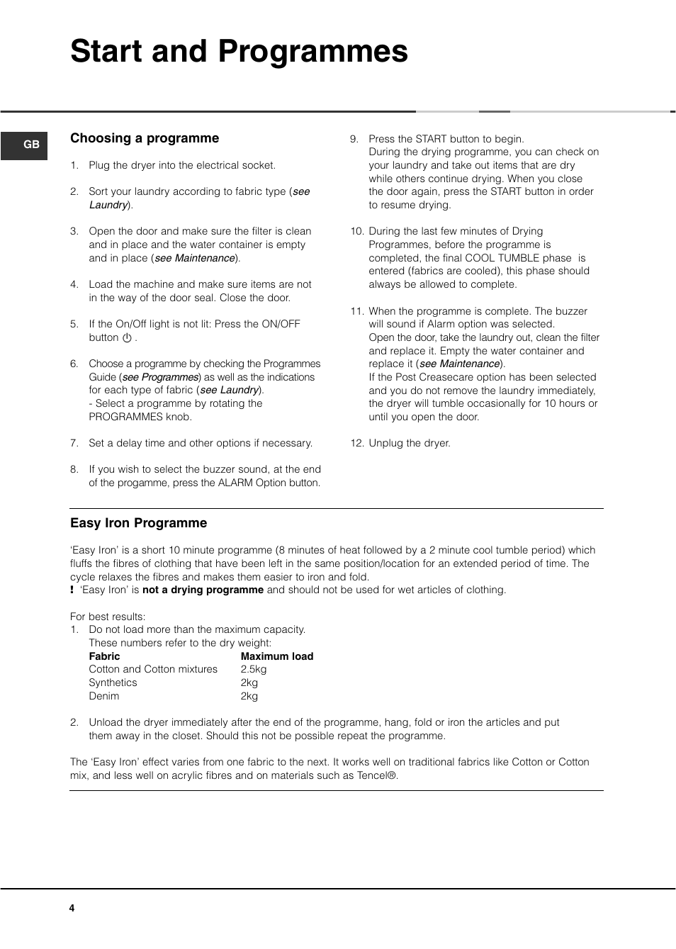 Start and programmes | Ariston ASL70C User Manual | Page 4 / 84