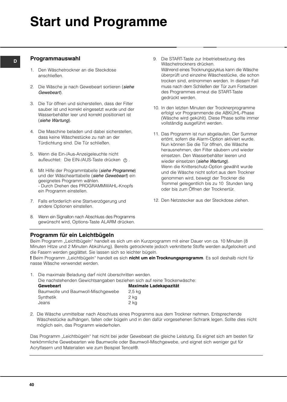 Start und programme | Ariston ASL70C User Manual | Page 40 / 84