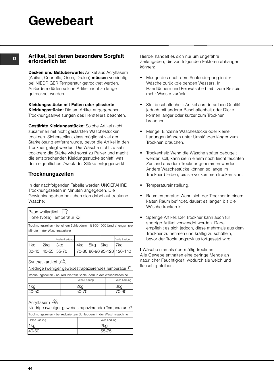 Gewebeart, Trocknungszeiten | Ariston ASL70C User Manual | Page 44 / 84