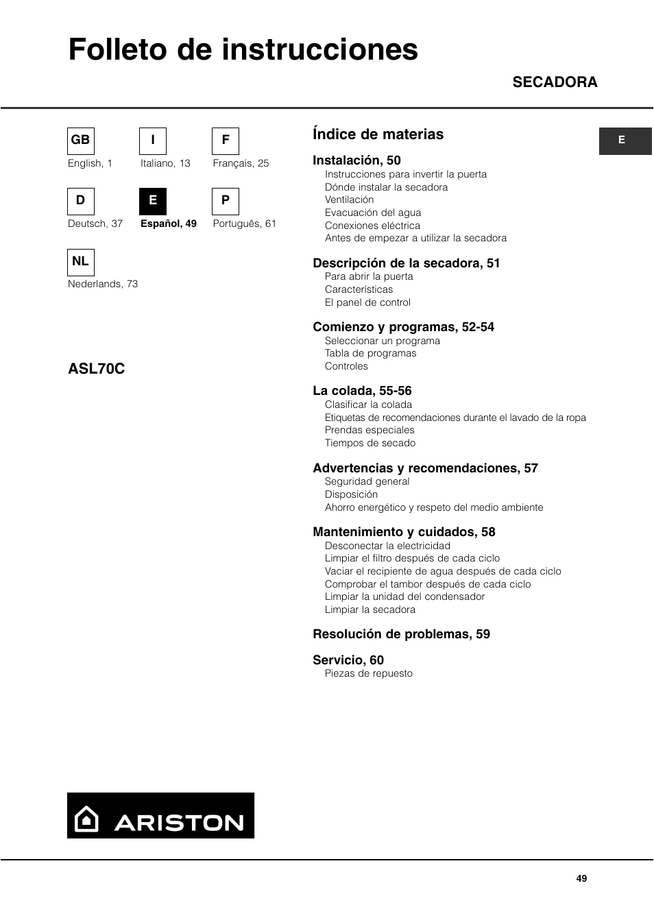 Folleto de instrucciones, Índice de materias secadora asl70c | Ariston ASL70C User Manual | Page 49 / 84