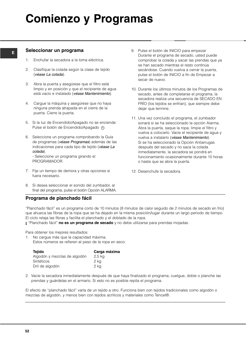 Comienzo y programas | Ariston ASL70C User Manual | Page 52 / 84