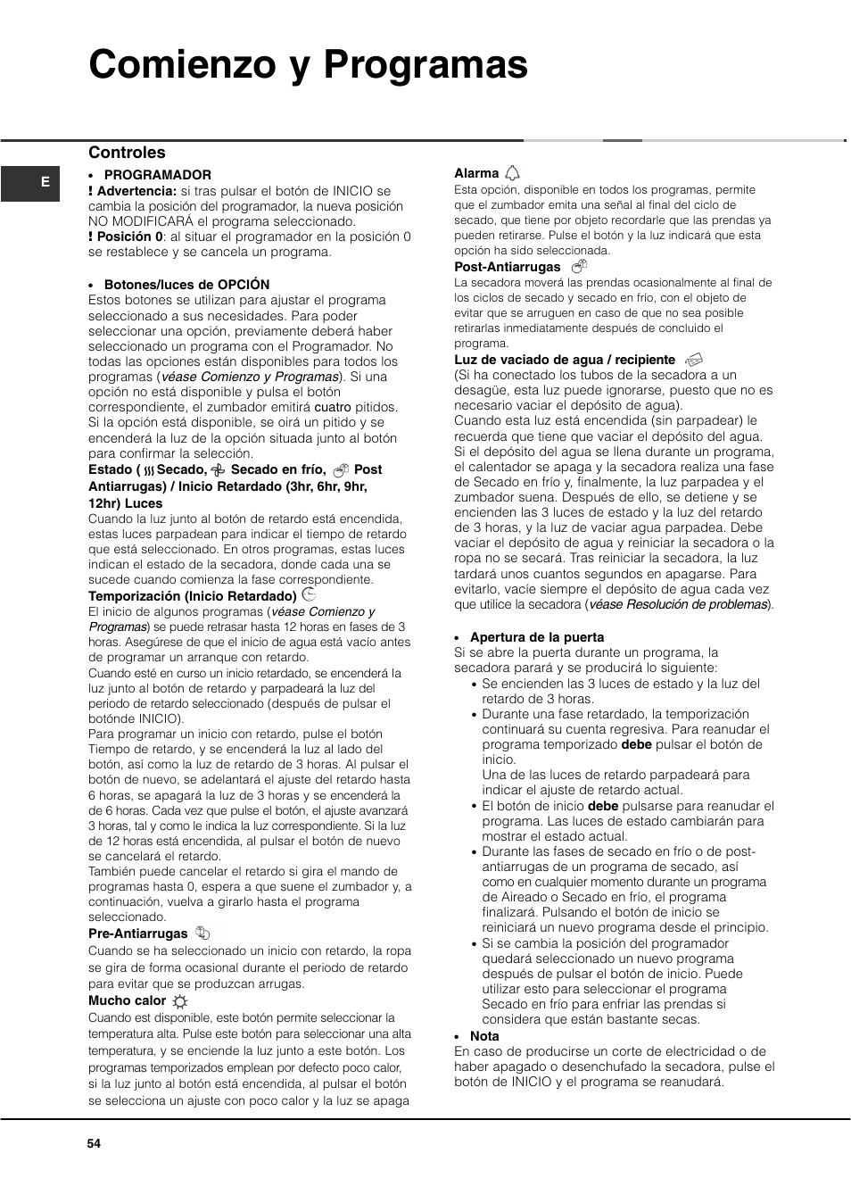 Comienzo y programas, Controles | Ariston ASL70C User Manual | Page 54 / 84