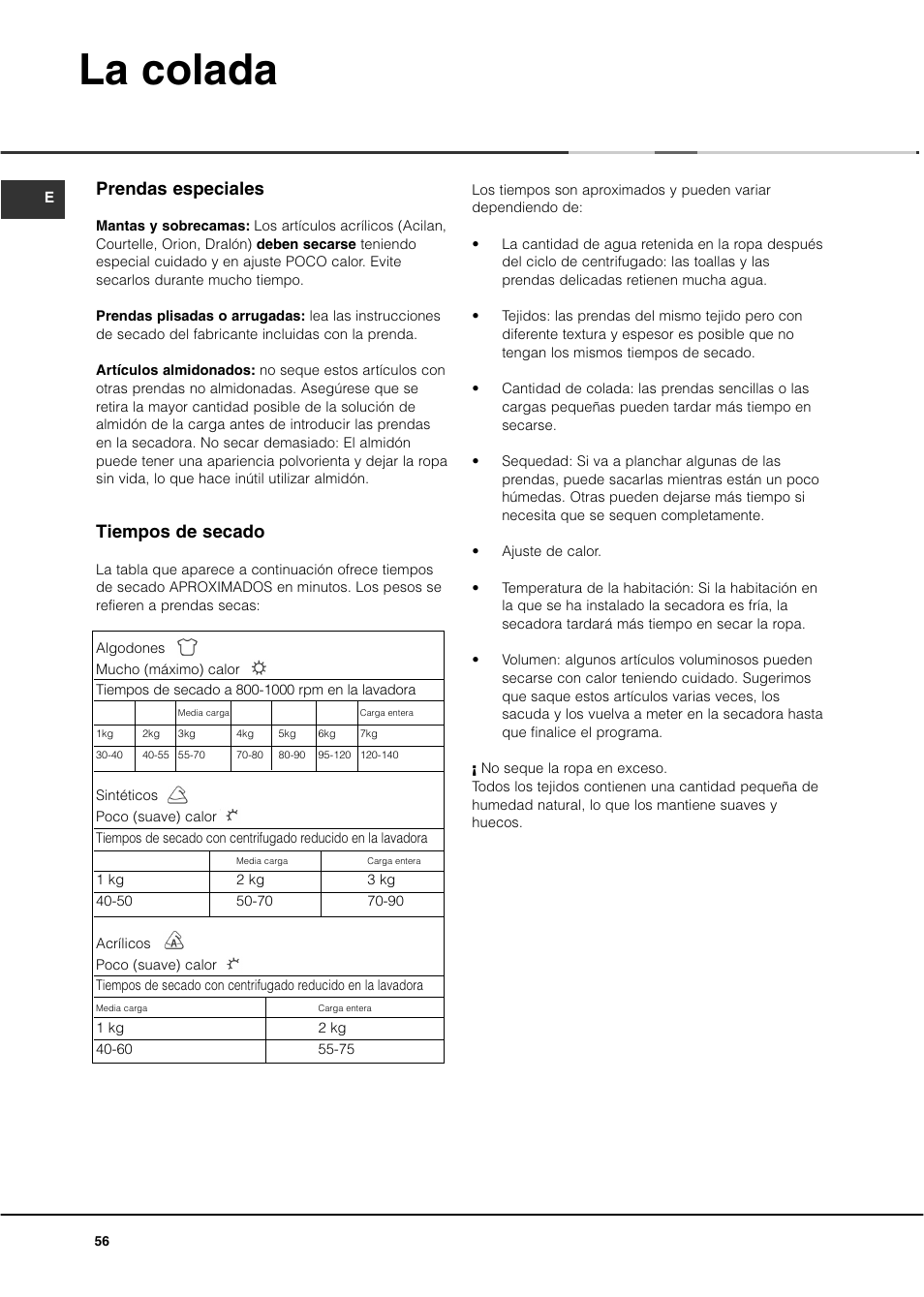 La colada, Prendas especiales, Tiempos de secado | Ariston ASL70C User Manual | Page 56 / 84