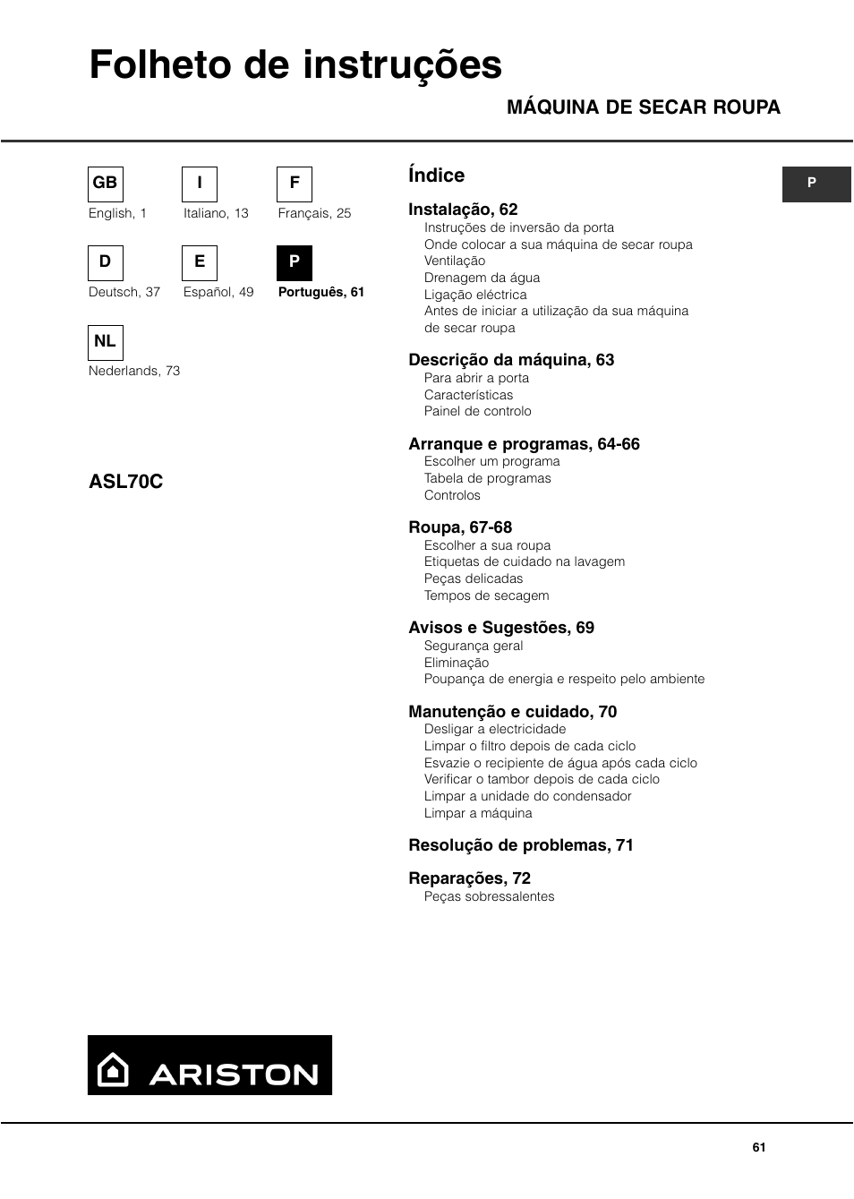 Folheto de instruções, Índice máquina de secar roupa asl70c | Ariston ASL70C User Manual | Page 61 / 84