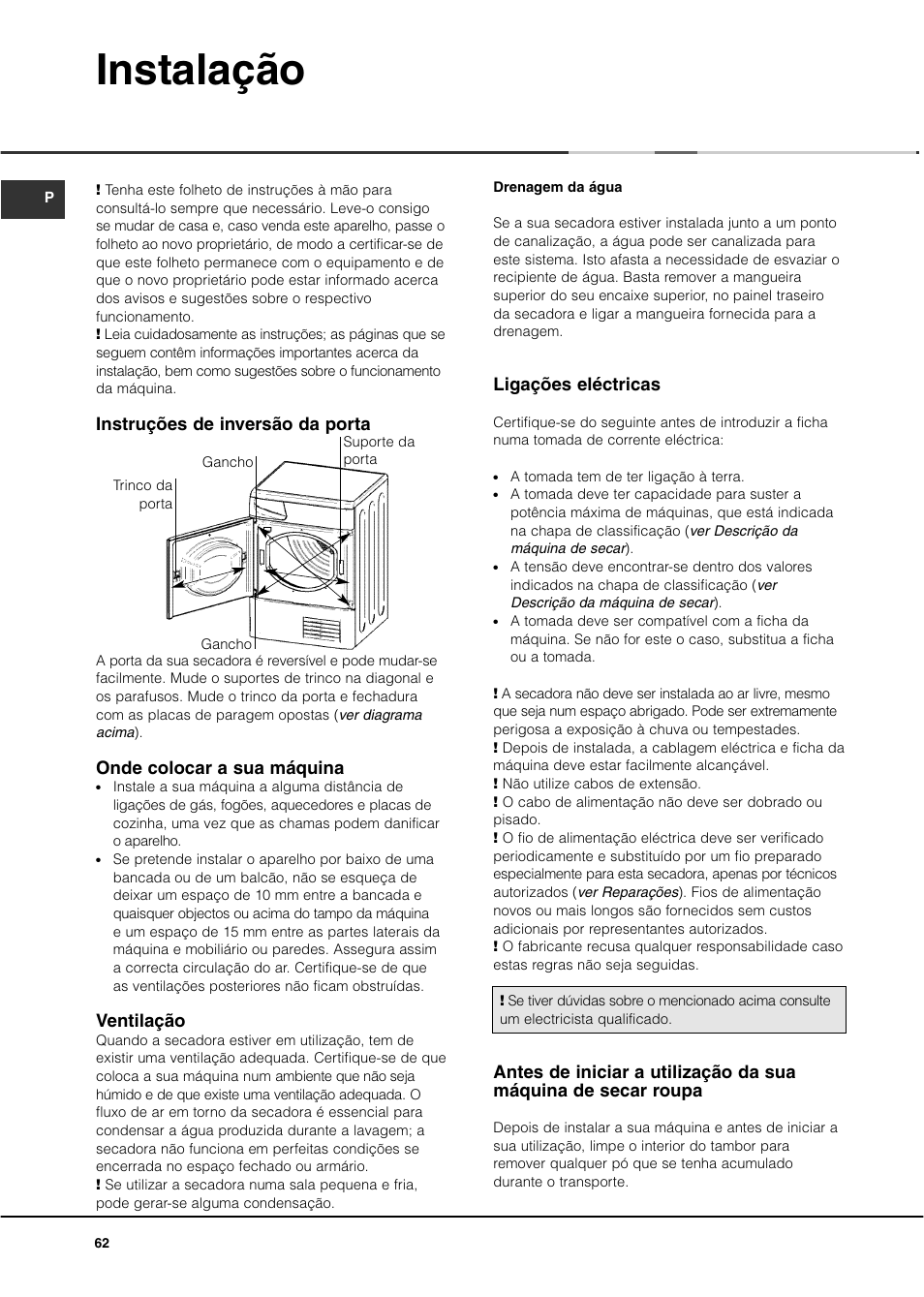 Instalação, Instruções de inversão da porta, Onde colocar a sua máquina | Ventilação, Ligações eléctricas | Ariston ASL70C User Manual | Page 62 / 84