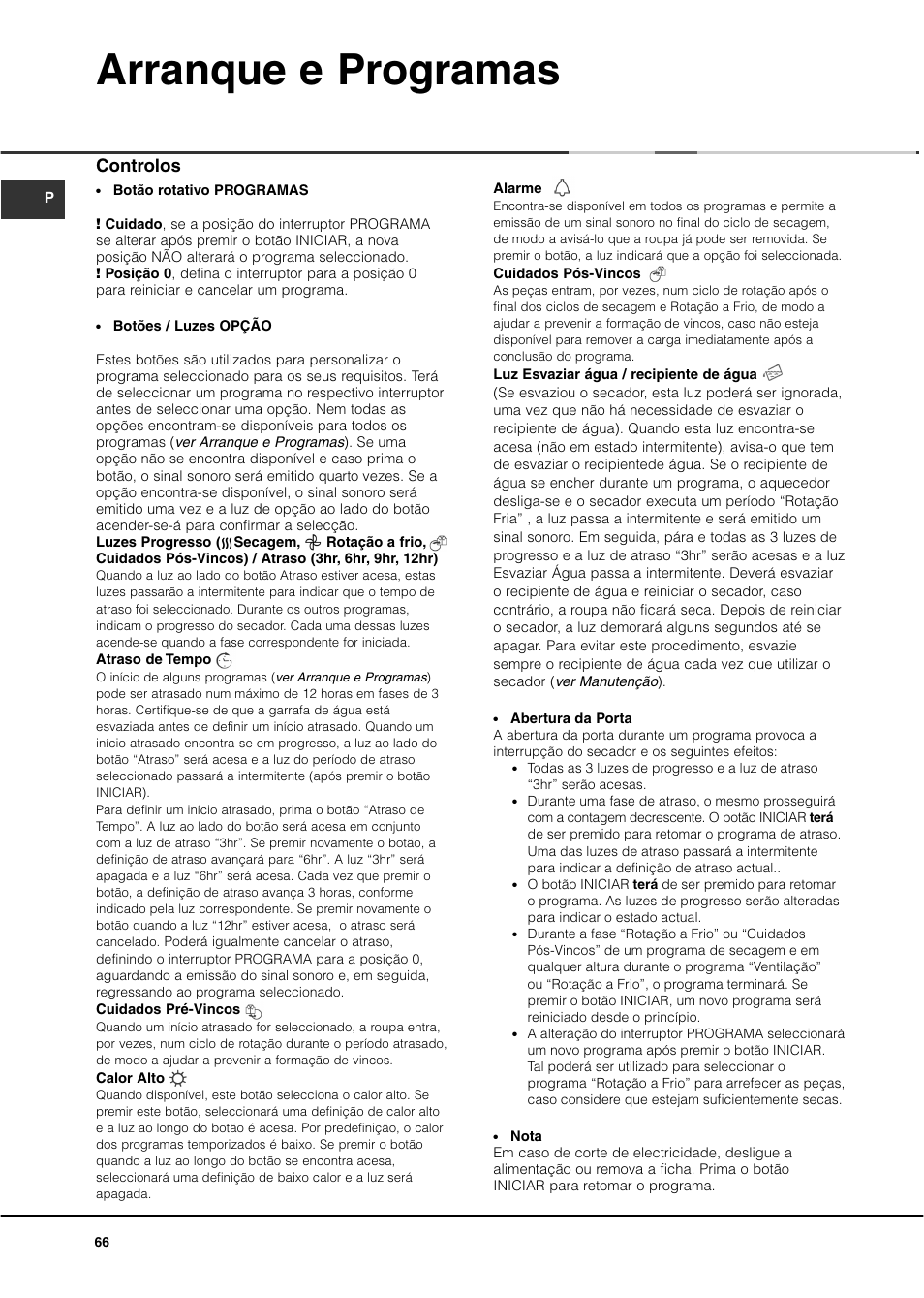 Arranque e programas, Controlos | Ariston ASL70C User Manual | Page 66 / 84
