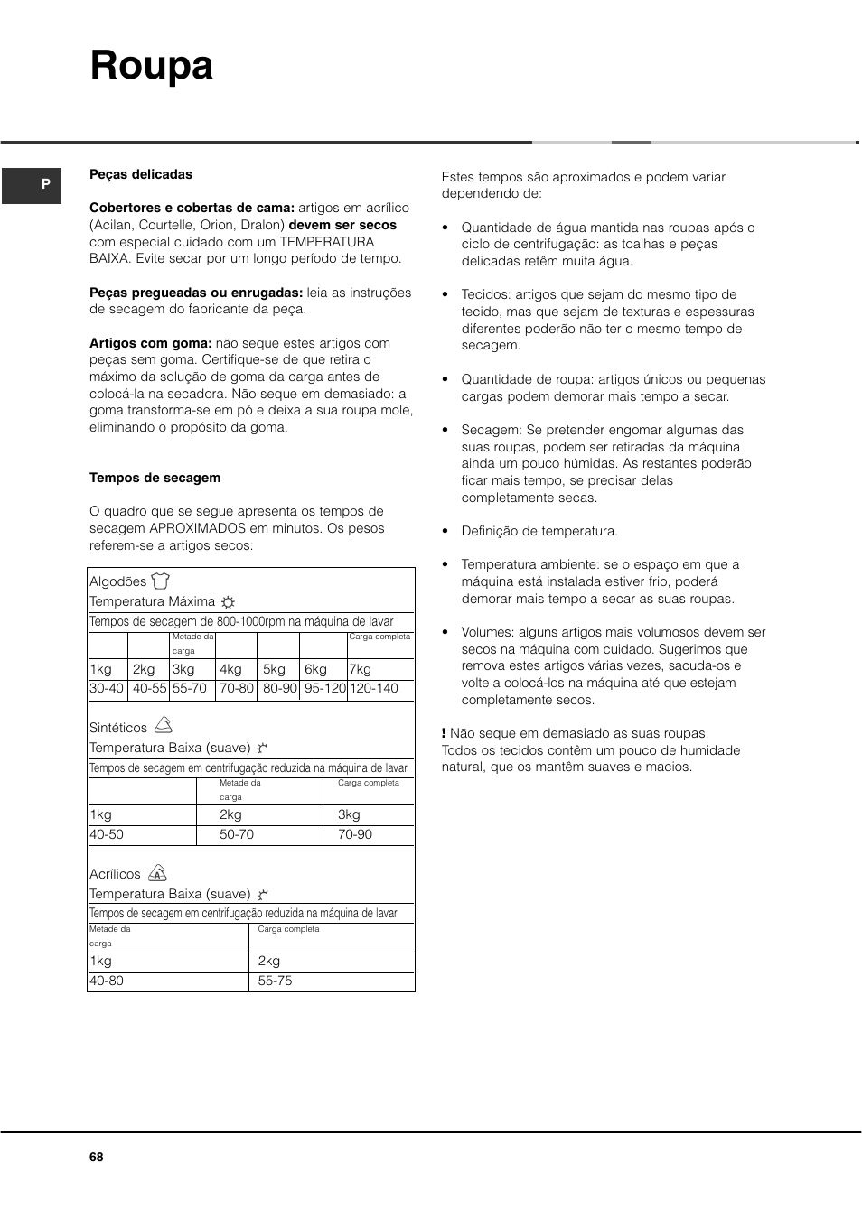 Roupa | Ariston ASL70C User Manual | Page 68 / 84