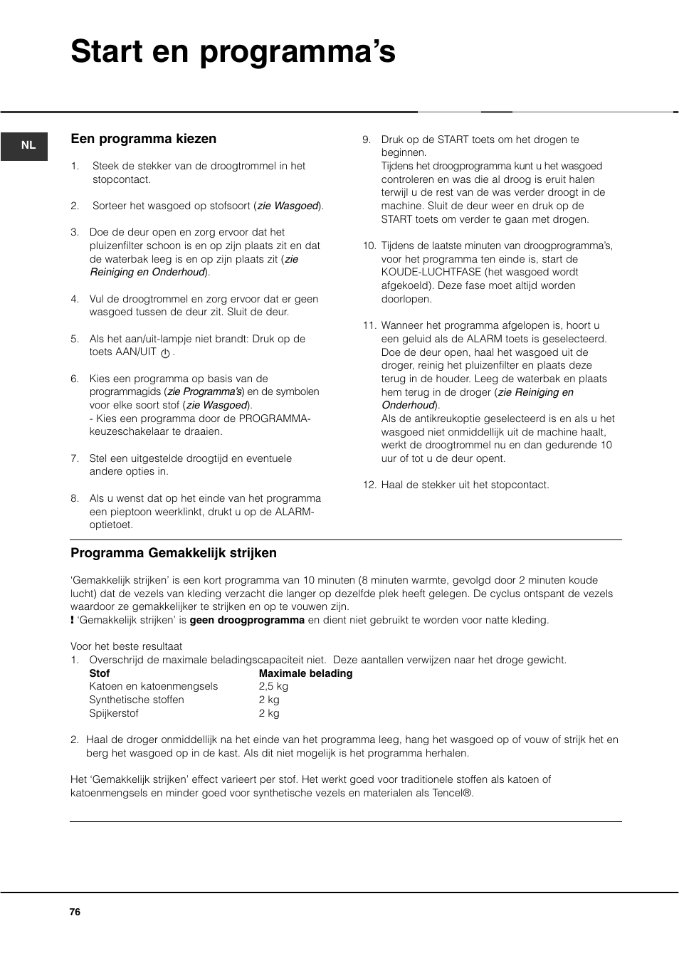 Start en programma’s | Ariston ASL70C User Manual | Page 76 / 84