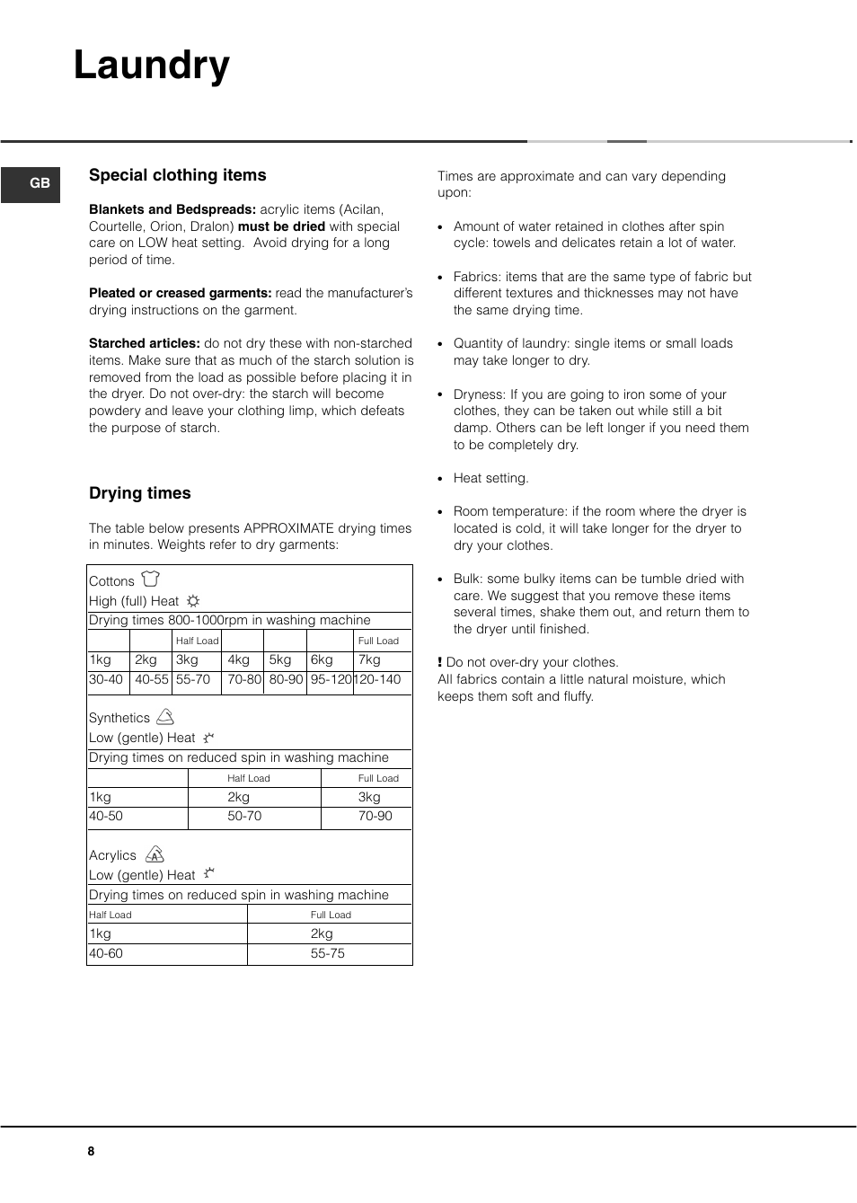 Laundry, Special clothing items, Drying times | Ariston ASL70C User Manual | Page 8 / 84