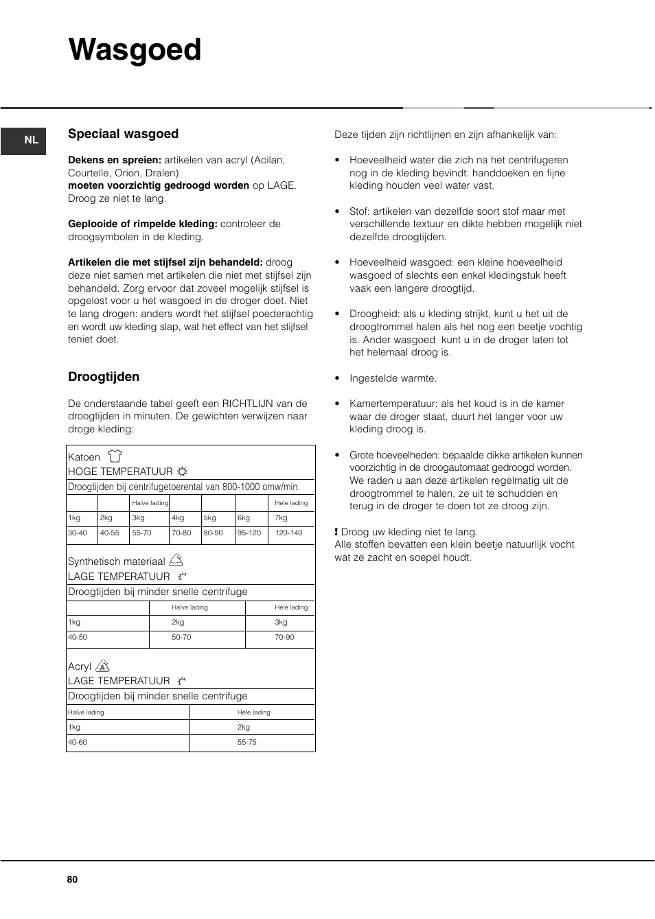 Wasgoed, Speciaal wasgoed, Droogtijden | Ariston ASL70C User Manual | Page 80 / 84
