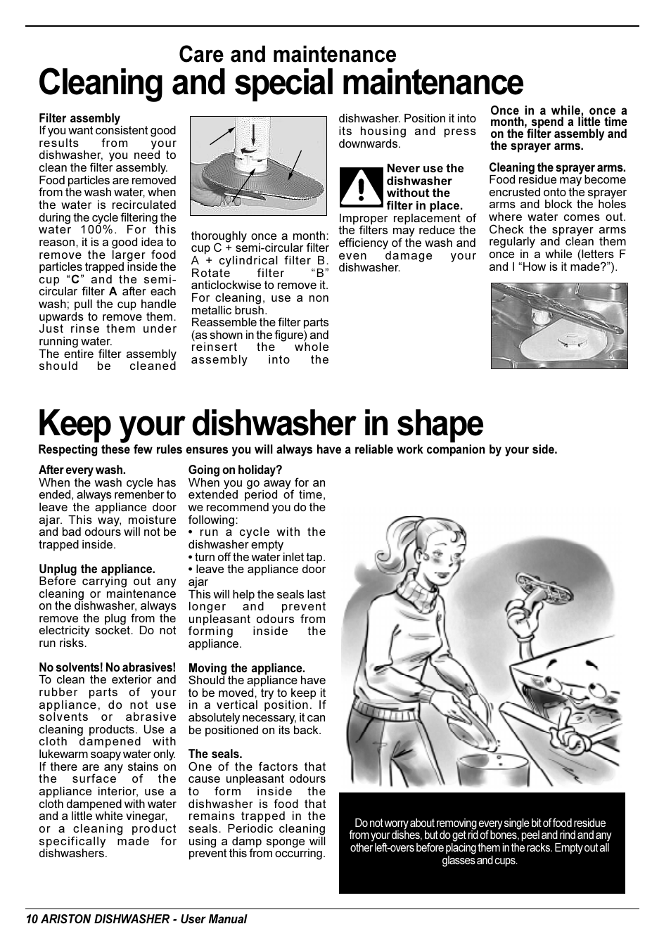 Keep your dishwasher in shape, Cleaning and special maintenance, Care and maintenance | Ariston LI 700 I-S-X User Manual | Page 11 / 31