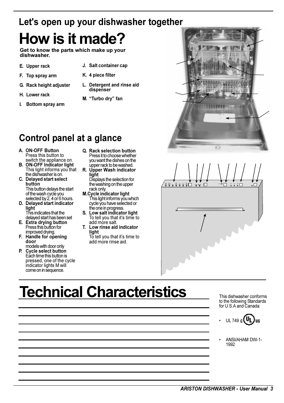 How is it made, Technical characteristics, Control panel at a glance | Let's open up your dishwasher together | Ariston LI 700 I-S-X User Manual | Page 4 / 31