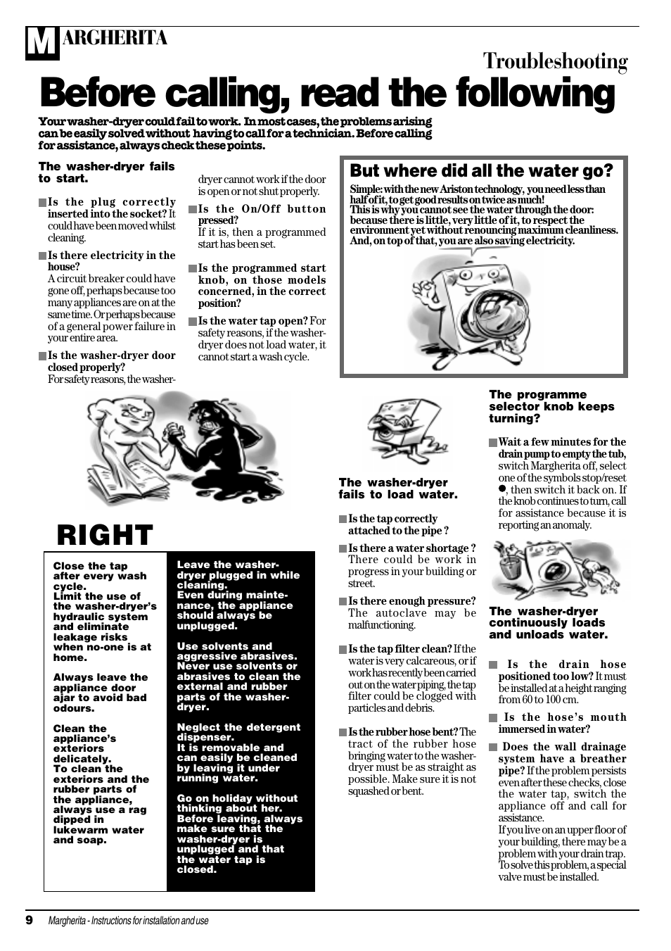 Before calling, read the following, Right wrong, Troubleshooting | Argherita, But where did all the water go | Ariston MARGHERITA ALD 12 S User Manual | Page 10 / 20
