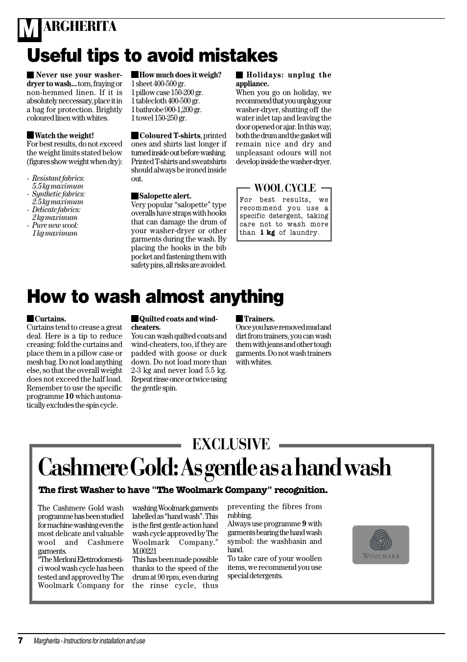 Cashmere gold: as gentle as a hand wash, Useful tips to avoid mistakes, How to wash almost anything | Exclusive, Argherita, Wool cycle | Ariston MARGHERITA ALD 12 S User Manual | Page 8 / 20