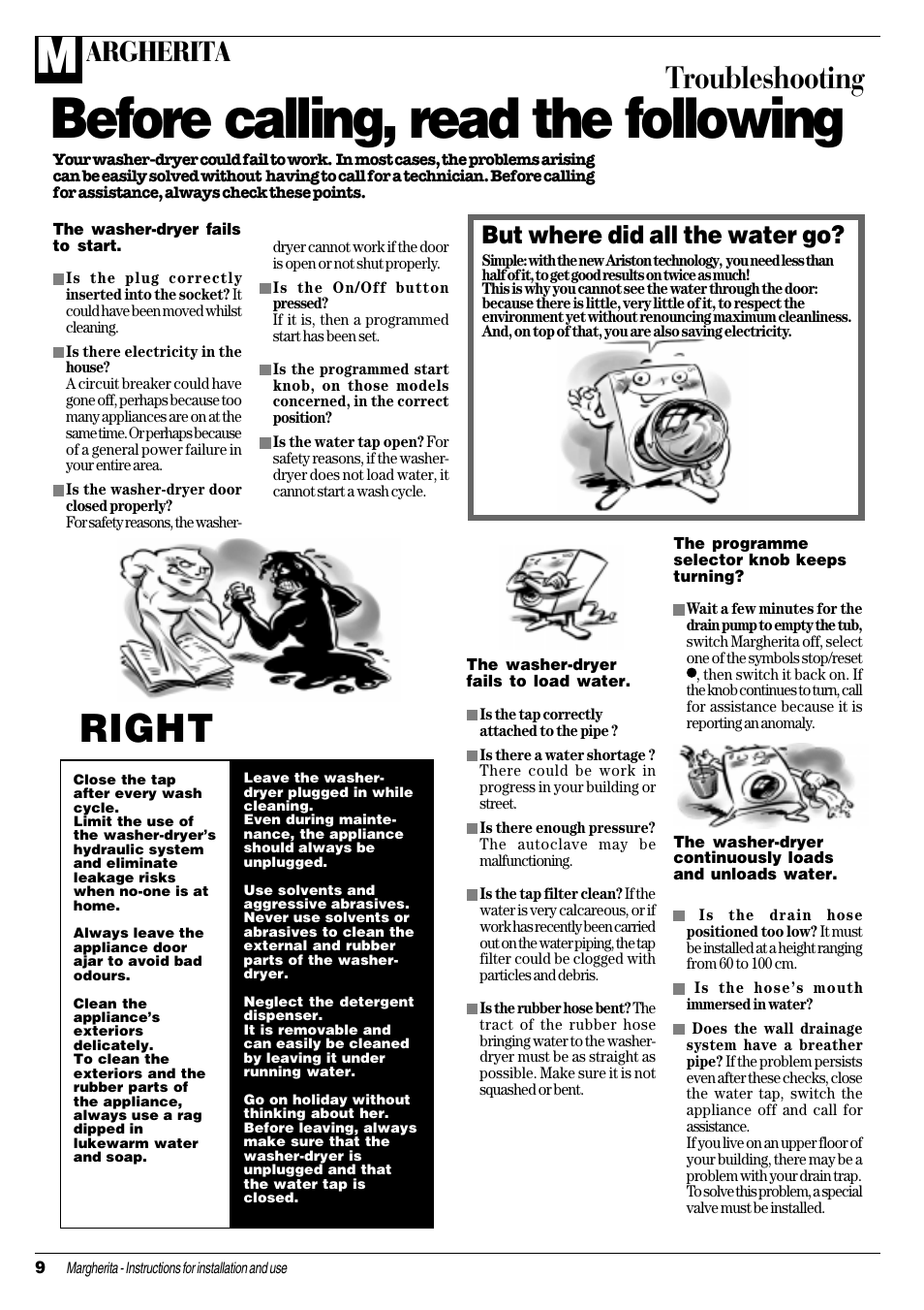 Before calling, read the following, Right wrong, Troubleshooting | Argherita, But where did all the water go | Ariston CDE 12x User Manual | Page 10 / 20