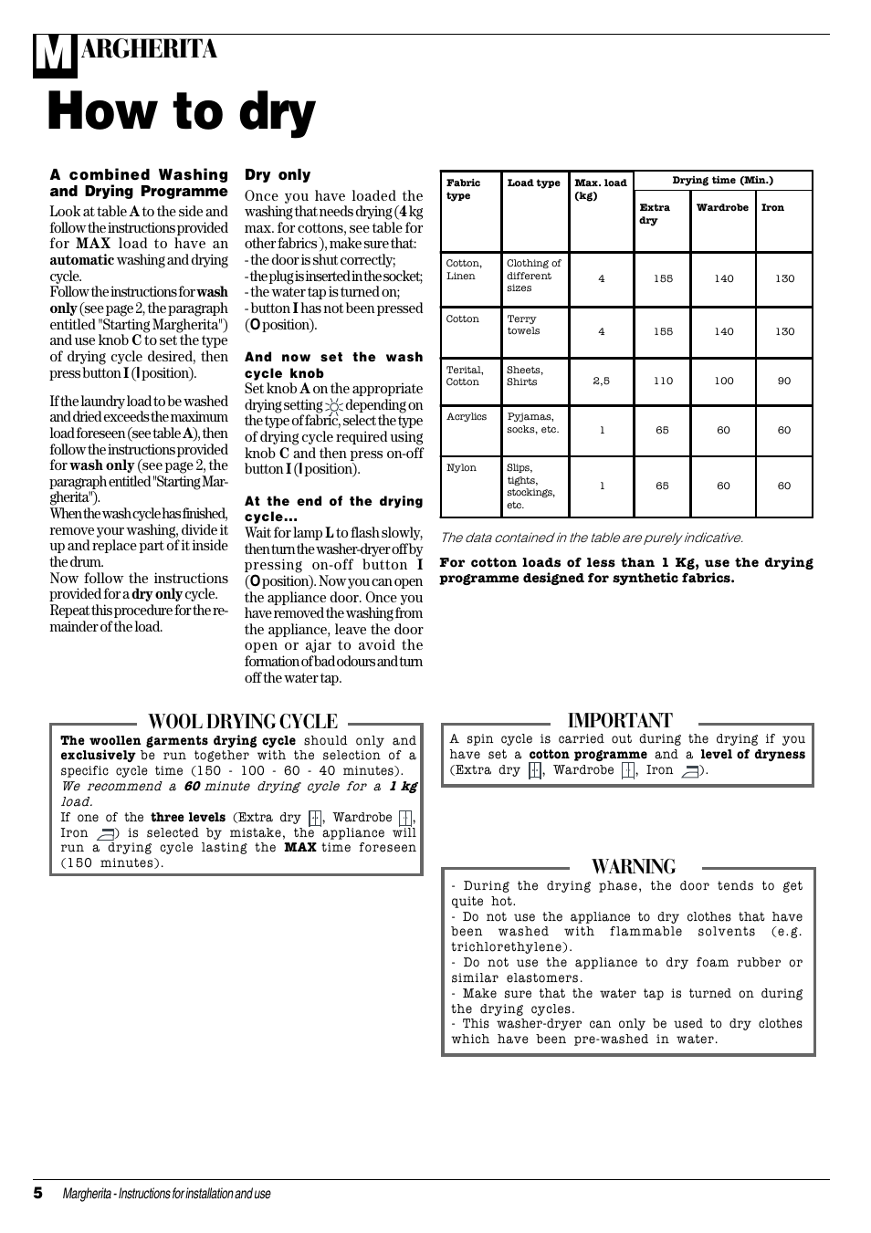 How to dry, Argherita, Warning | Important, Wool drying cycle | Ariston CDE 12x User Manual | Page 6 / 20