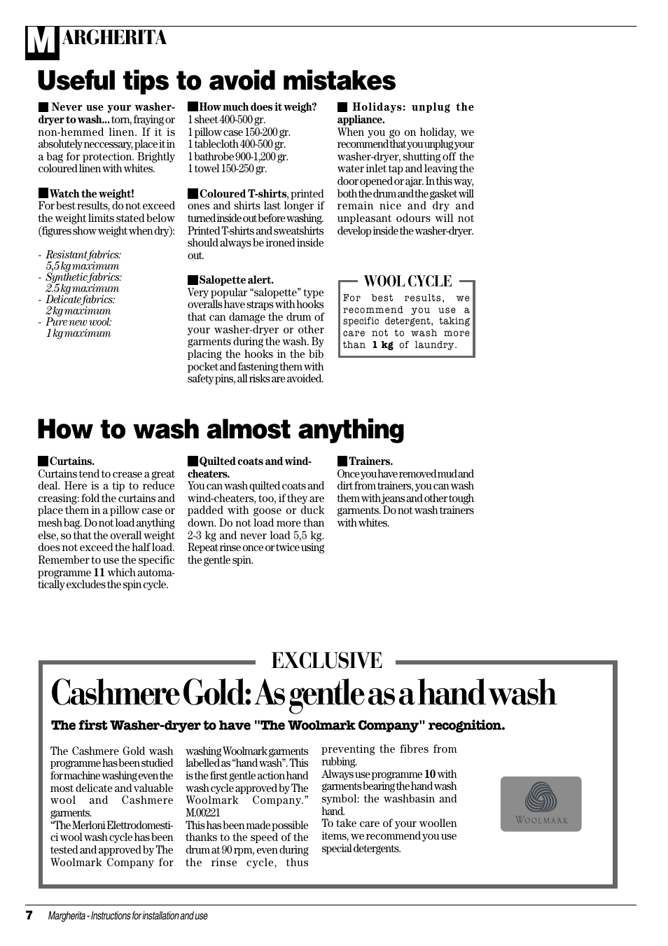 Cashmere gold: as gentle as a hand wash, Useful tips to avoid mistakes, How to wash almost anything | Exclusive, Argherita, Wool cycle | Ariston CDE 12x User Manual | Page 8 / 20