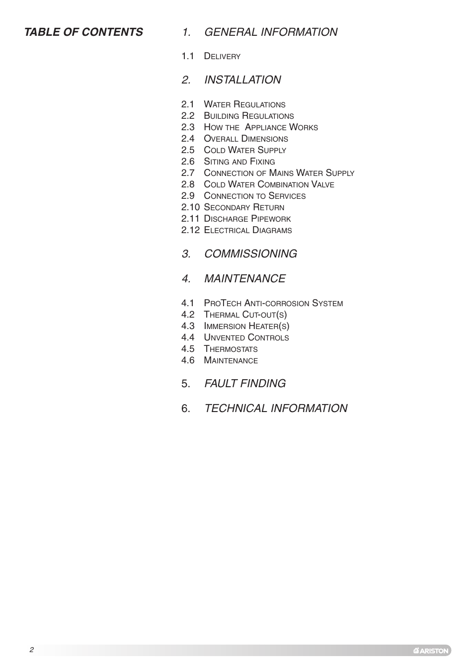 Table of contents 1. general information, Installation, Commissioning 4. maintenance | Fault finding 6. technical information | Ariston Unvented Hot Water Storage Cylinders User Manual | Page 2 / 24