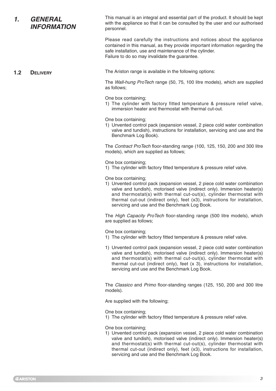 General information | Ariston Unvented Hot Water Storage Cylinders User Manual | Page 3 / 24