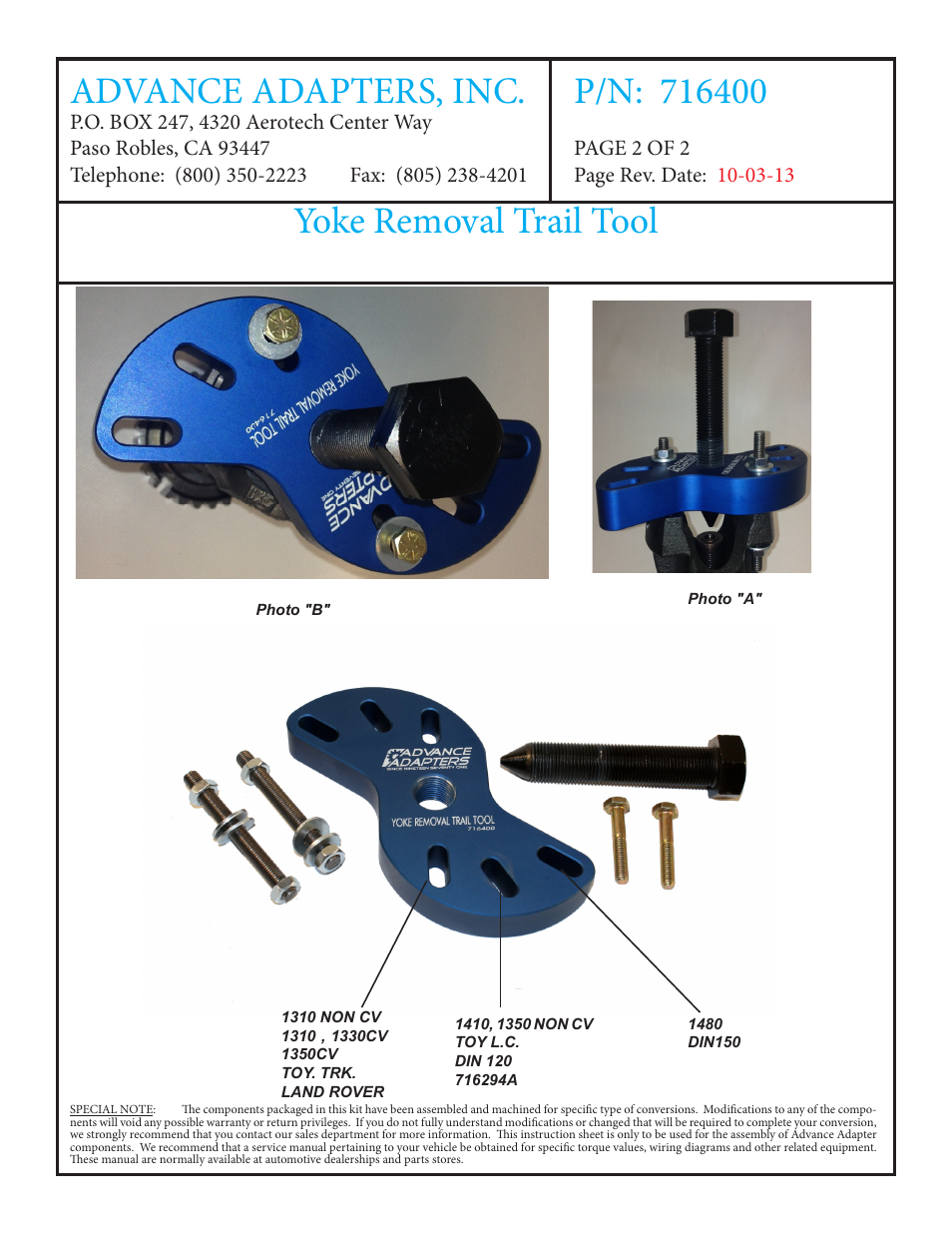 Yoke removal trail tool | Advance Adapters 716400 User Manual | Page 2 / 2