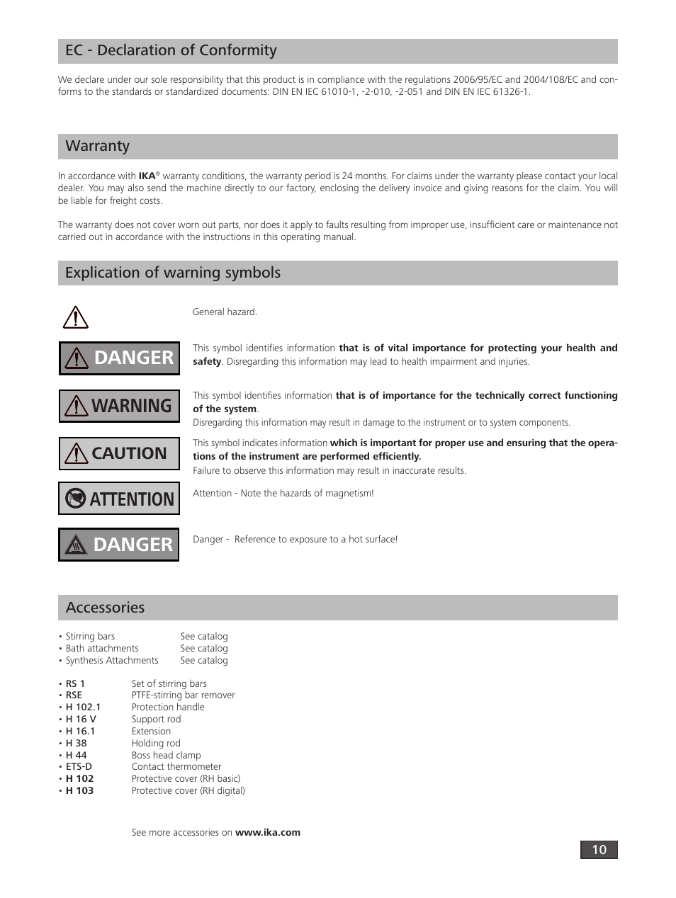Danger, Warning, Attention danger | Caution, Explication of warning symbols, Ec - declaration of conformity, Warranty, Accessories | IKA RH digital User Manual | Page 10 / 52