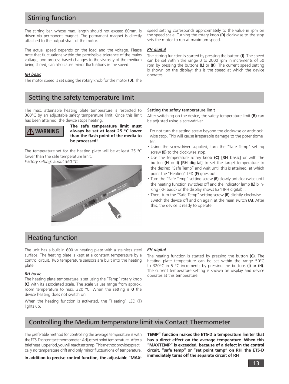 Stirring function, Warning | IKA RH digital User Manual | Page 13 / 52