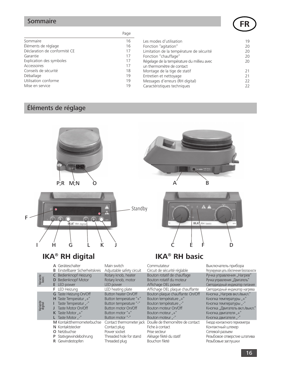 Rh basic ika, Rh digital, Sommaire | Éléments de réglage, Standby | IKA RH digital User Manual | Page 16 / 52