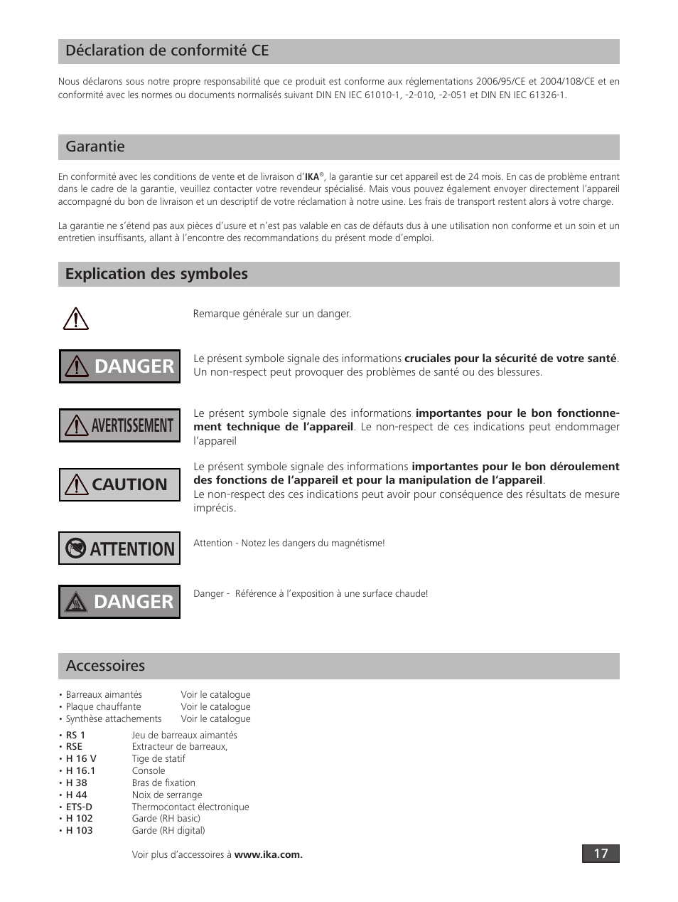 Danger, Avertissement, Attention danger | Caution, Explication des symboles, Déclaration de conformité ce, Garantie, Accessoires | IKA RH digital User Manual | Page 17 / 52