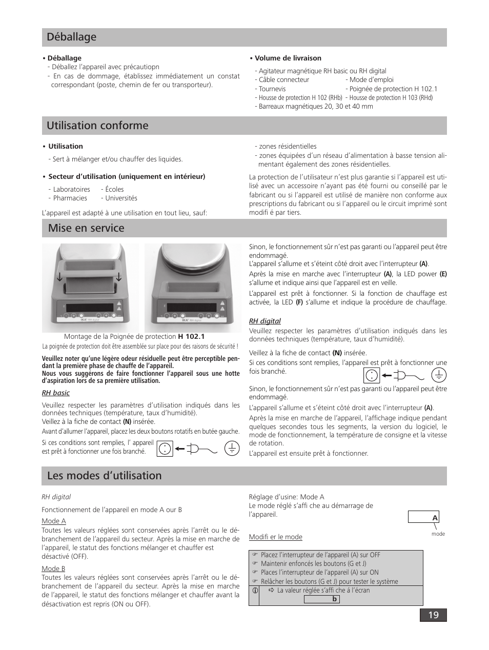 Déballage, Utilisation conforme, Mise en service | Les modes d‘utilisation | IKA RH digital User Manual | Page 19 / 52