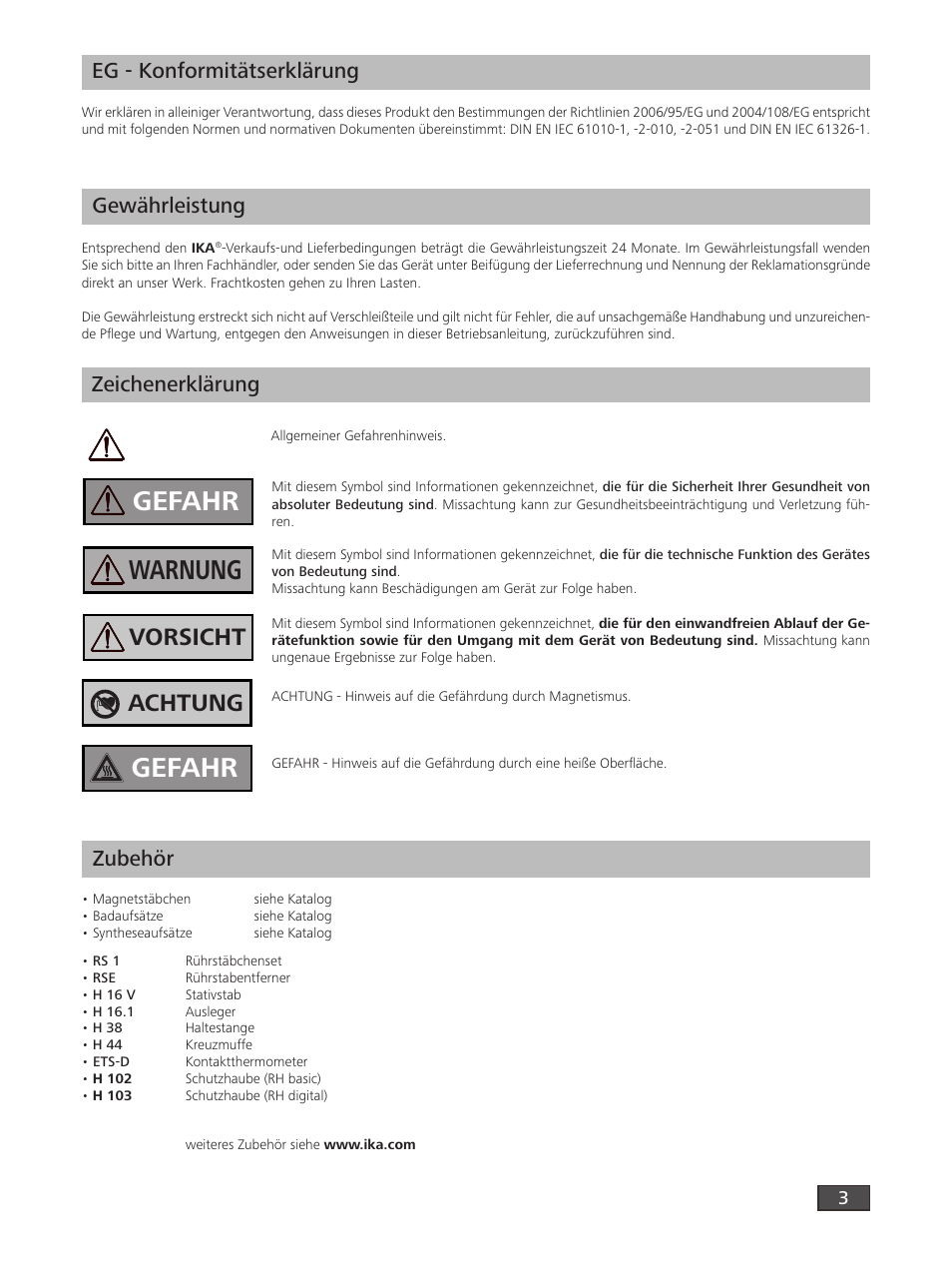 Gefahr, Warnung, Vorsicht | Achtung, Zeichenerklärung, Eg - konformitätserklärung, Gewährleistung, Zubehör | IKA RH digital User Manual | Page 3 / 52