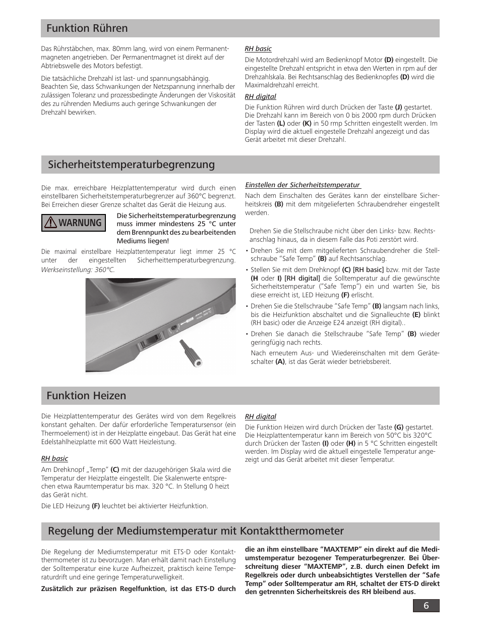 Sicherheitstemperaturbegrenzung, Funktion rühren, Warnung | IKA RH digital User Manual | Page 6 / 52