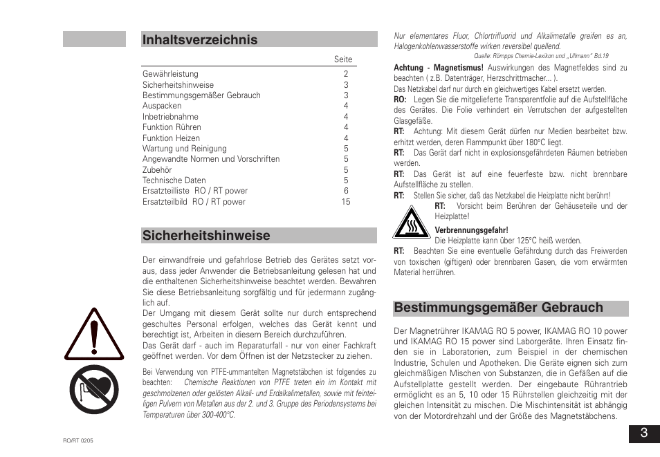 Sicherheitshinweise 3, Inhaltsverzeichnis bestimmungsgemäßer gebrauch | IKA RT 15 power IKAMAG User Manual | Page 3 / 16