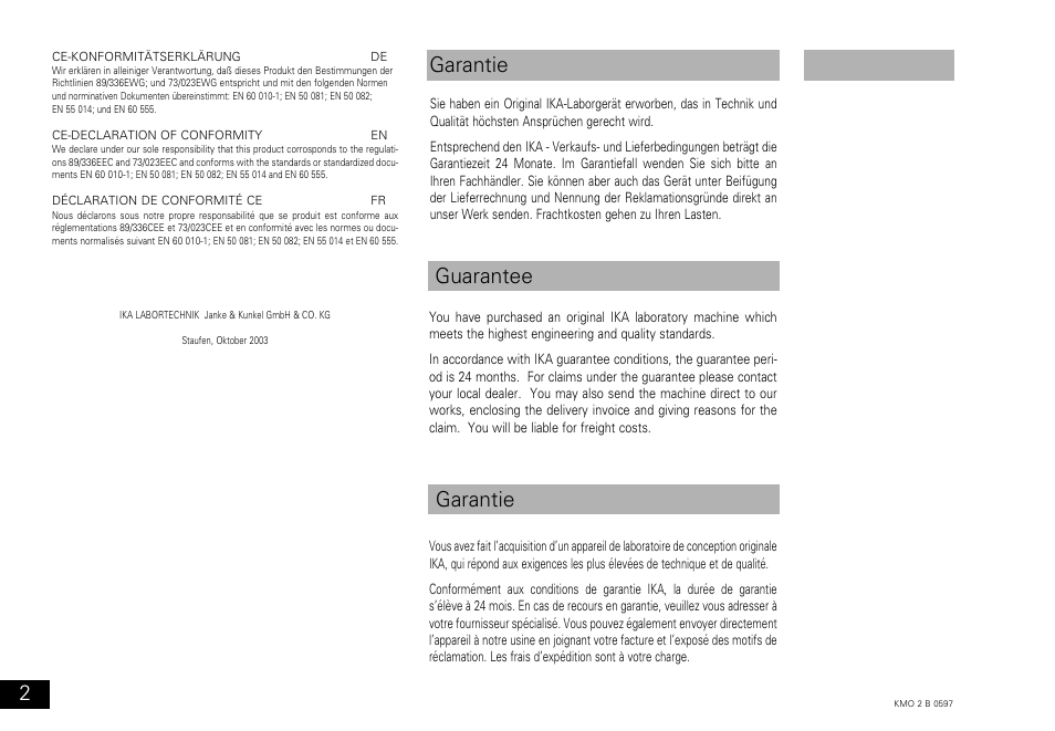 Garantie guarantee garantie | IKA KMO 2 basic User Manual | Page 2 / 16