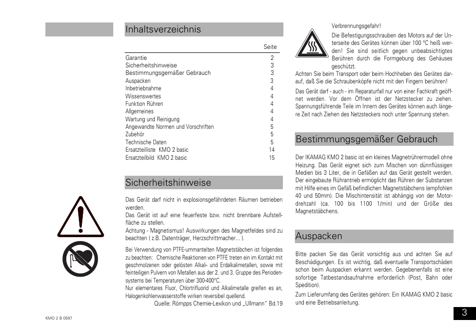 Auspacken sicherheitshinweise 3, Inhaltsverzeichnis bestimmungsgemäßer gebrauch | IKA KMO 2 basic User Manual | Page 3 / 16