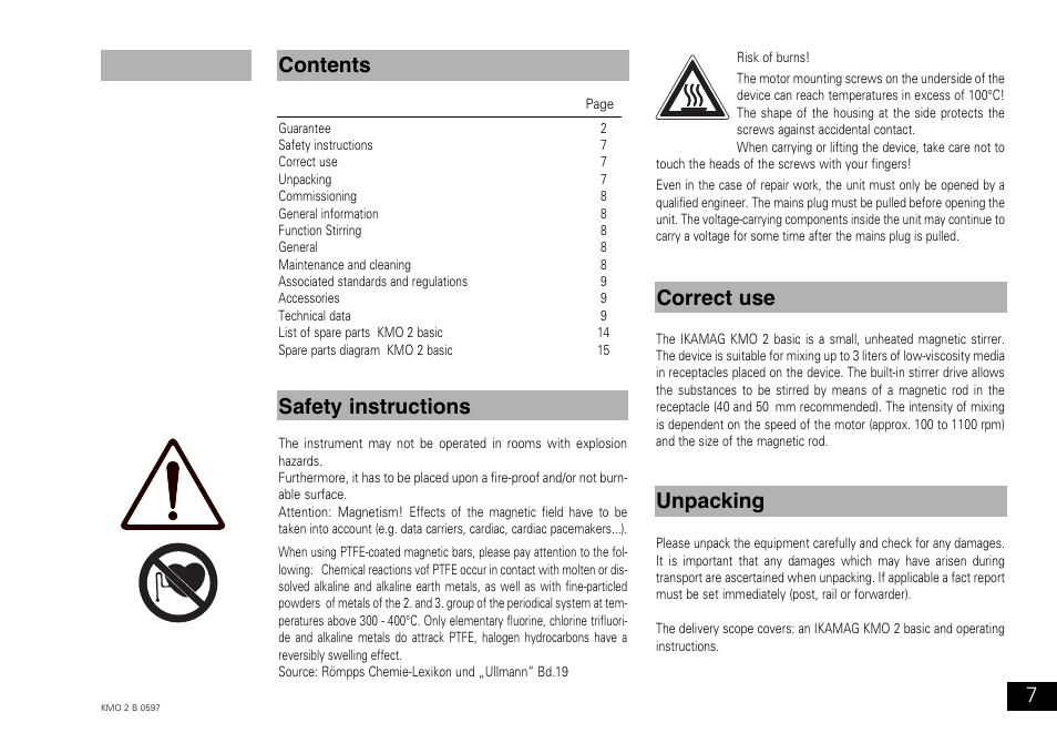 Unpacking safety instructions contents correct use | IKA KMO 2 basic User Manual | Page 7 / 16