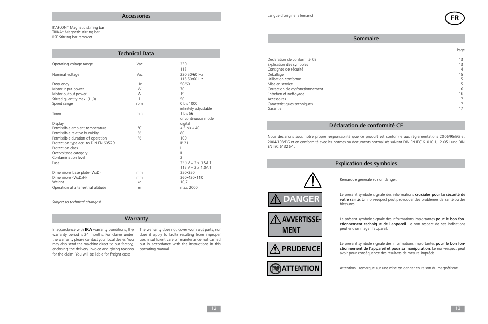 Danger, Avvertisse- ment, Prudence | Attention, Warranty technical data accessories, Sommaire | IKA Midi MR 1 digital User Manual | Page 7 / 13