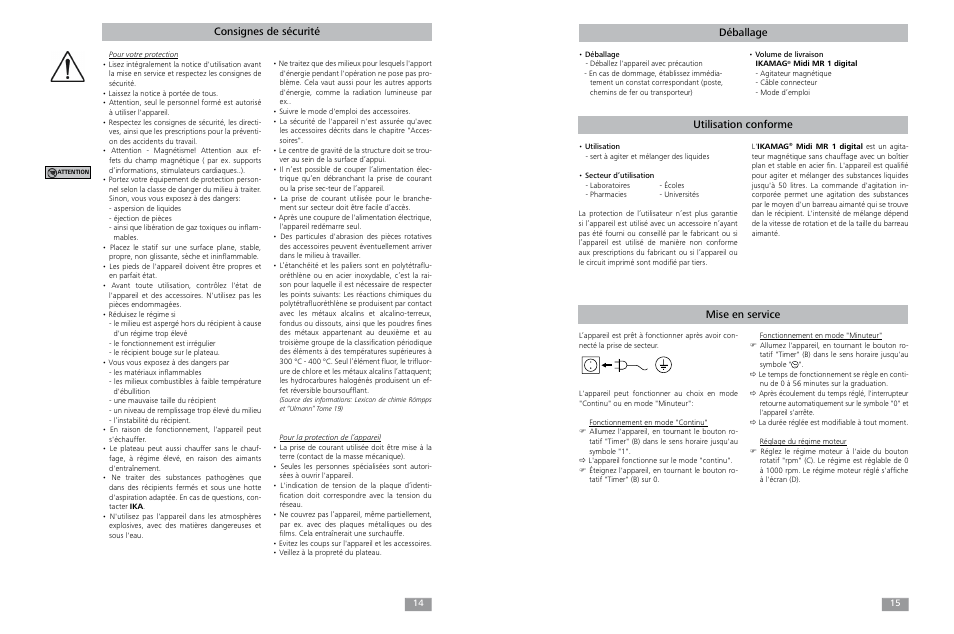 Consignes de sécurité, Déballage, Utilisation conforme mise en service | IKA Midi MR 1 digital User Manual | Page 8 / 13