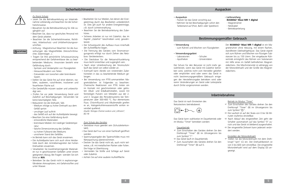 Sicherheitshinweise, Auspacken, Bestimmungsgemäßer gebrauch inbetriebnahme | IKA Maxi MR 1 digital User Manual | Page 3 / 13