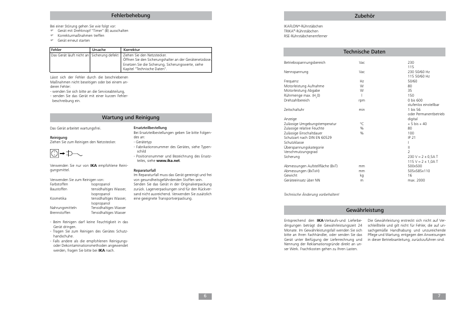 Zubehör gewährleistung technische daten, Fehlerbehebung wartung und reinigung | IKA Maxi MR 1 digital User Manual | Page 4 / 13